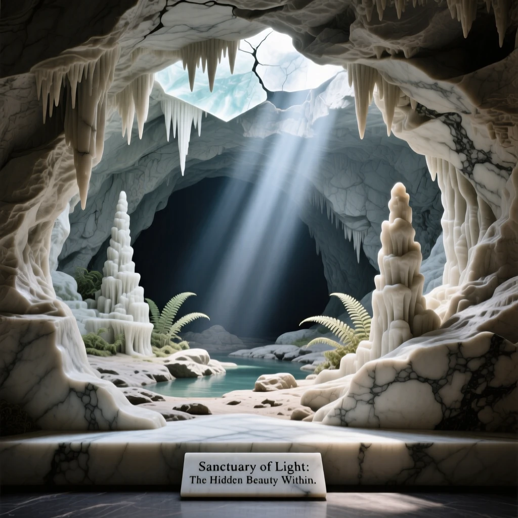 A sweeping, cinematic composition of a hidden cave illuminated by shafts of light, capturing the raw beauty of the natural world