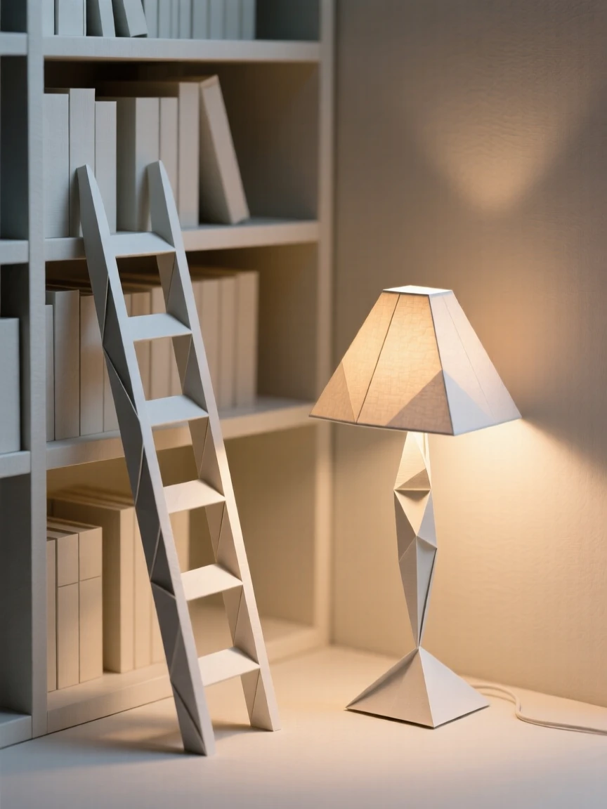 A quiet library nook with a ladder against tall bookshelves and a single reading lamp glowing.