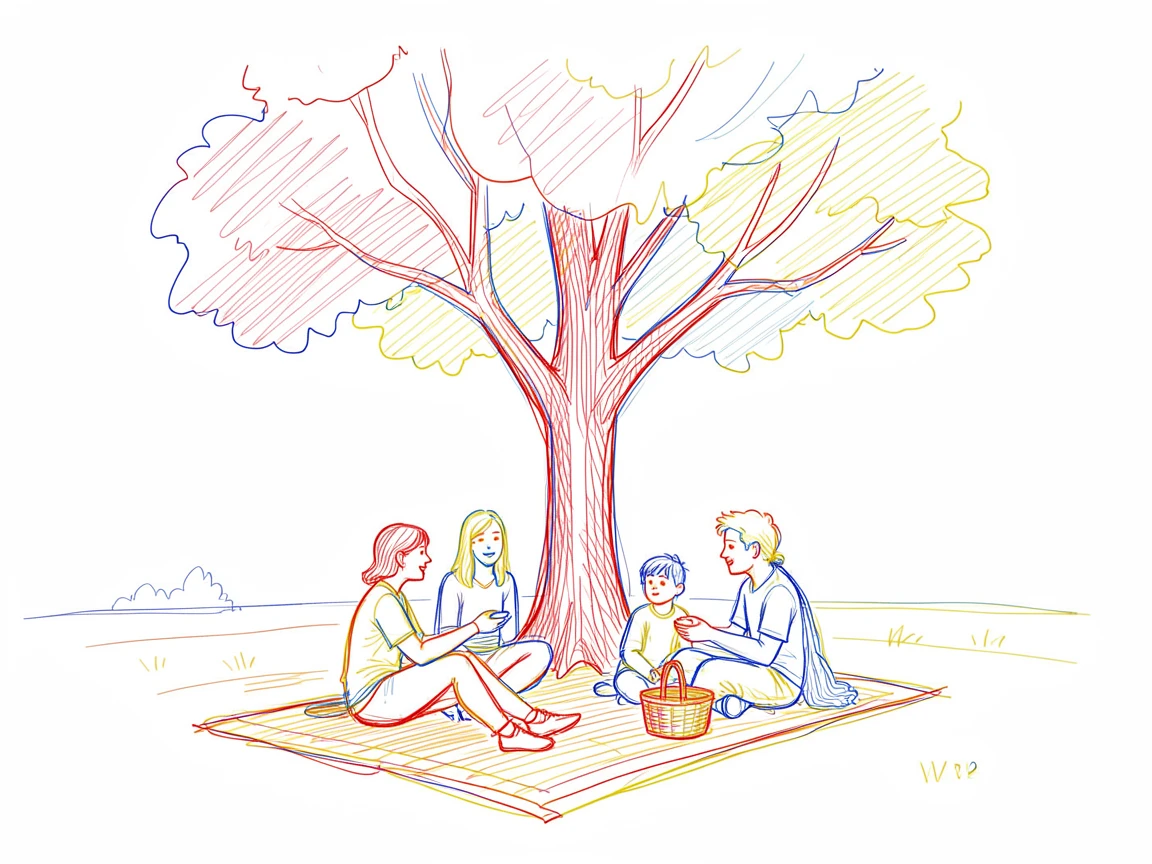 A family having a picnic under a large shade tree in the park