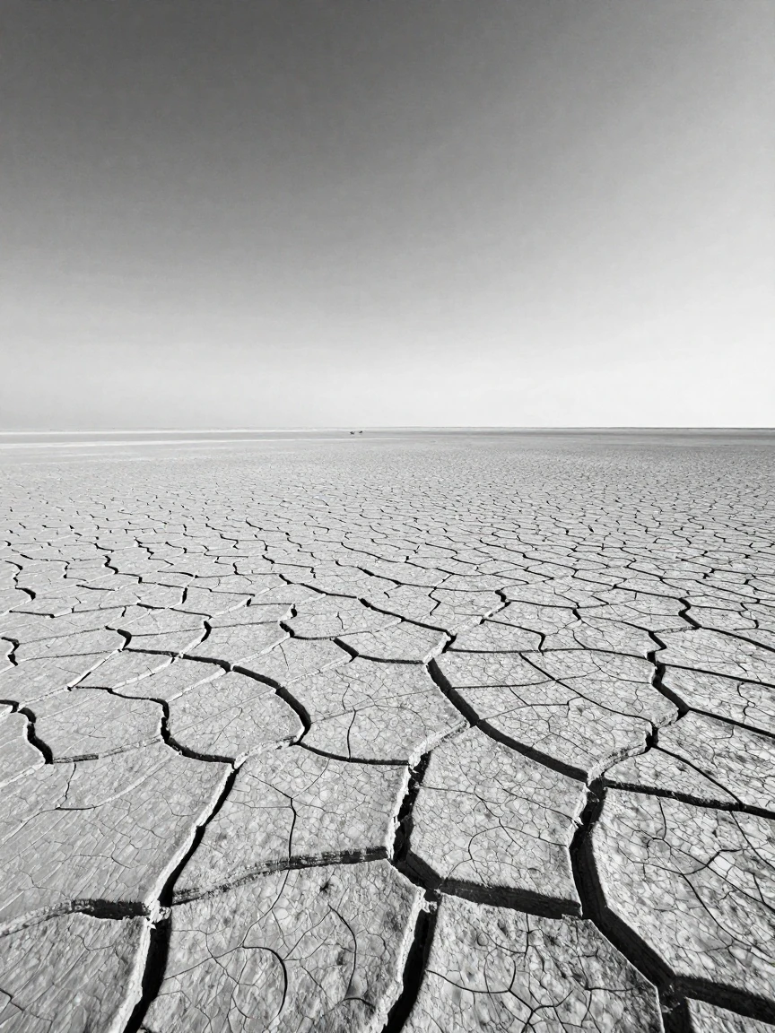 A cracked desert floor stretches into a maze of jagged patterns under a brilliant desert sky.