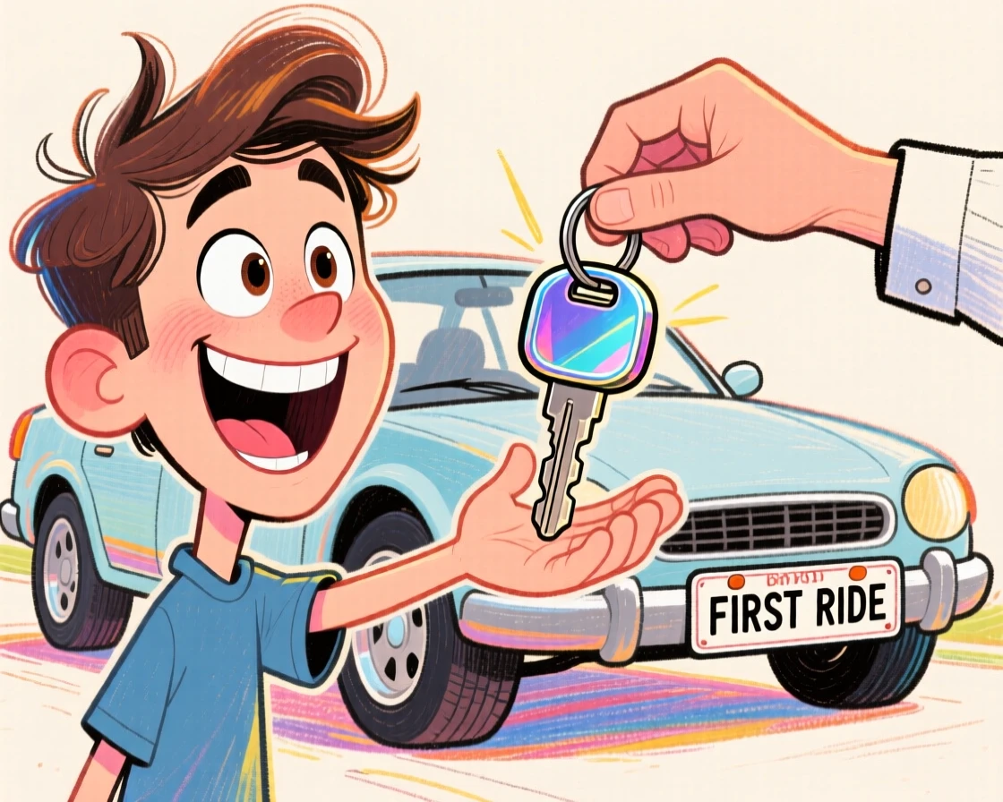 A young man receiving the keys to his very first car, grinning ear to ear.