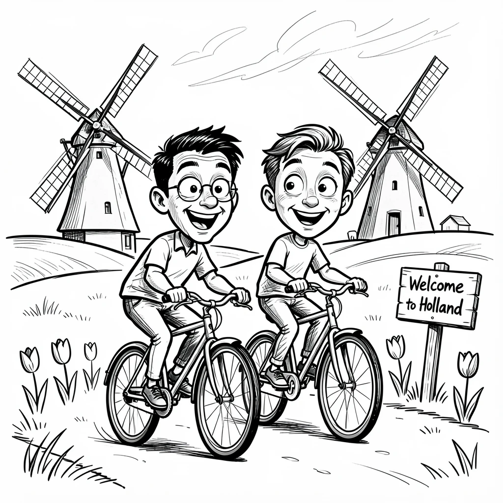 [Travel & Cultural Experiences] Vivid travel scene of a couple riding bicycles past windmills in the Dutch countryside, full of wonder and adventure