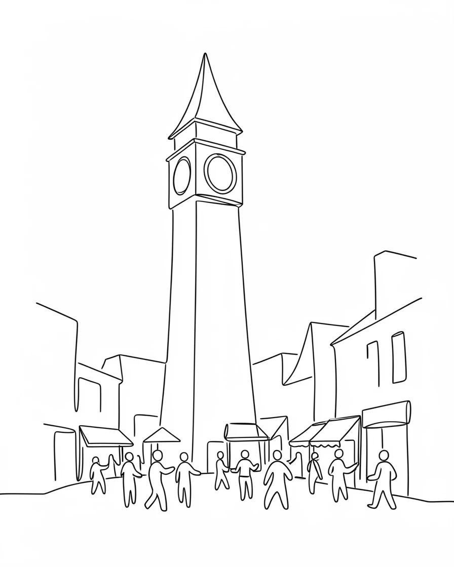A towering clock tower rising above a bustling town square