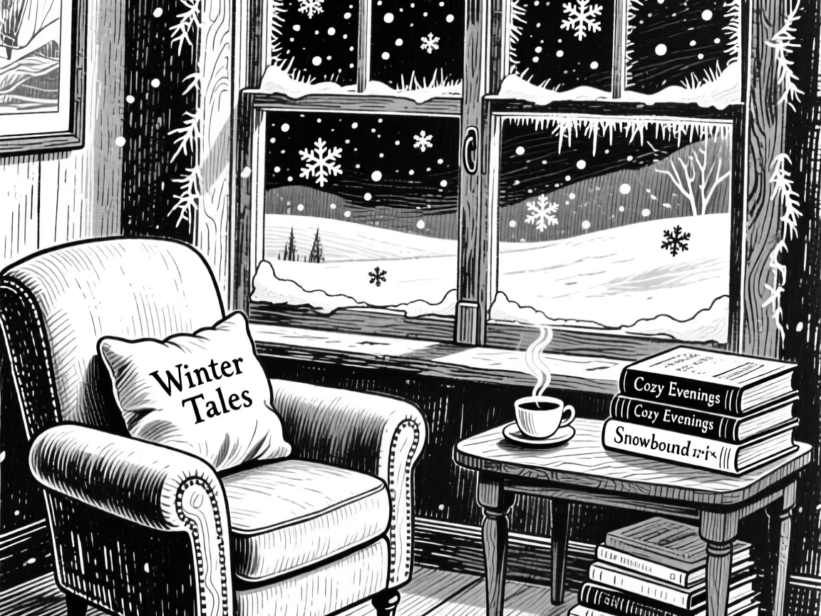 A cozy reading nook tucked beside a window with a view of falling snow.