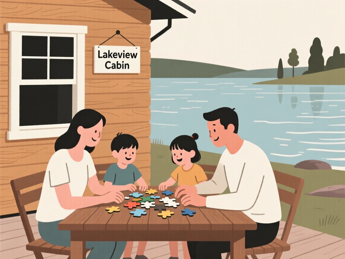 A family putting together a puzzle together at a lakeside cabin.