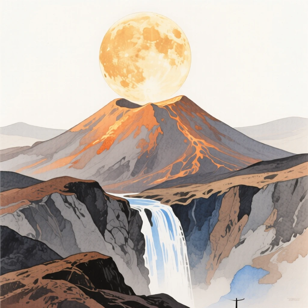 A breathtaking view of a volcanic ridge under a full harvest moon, with a waterfall cascading in the distance
