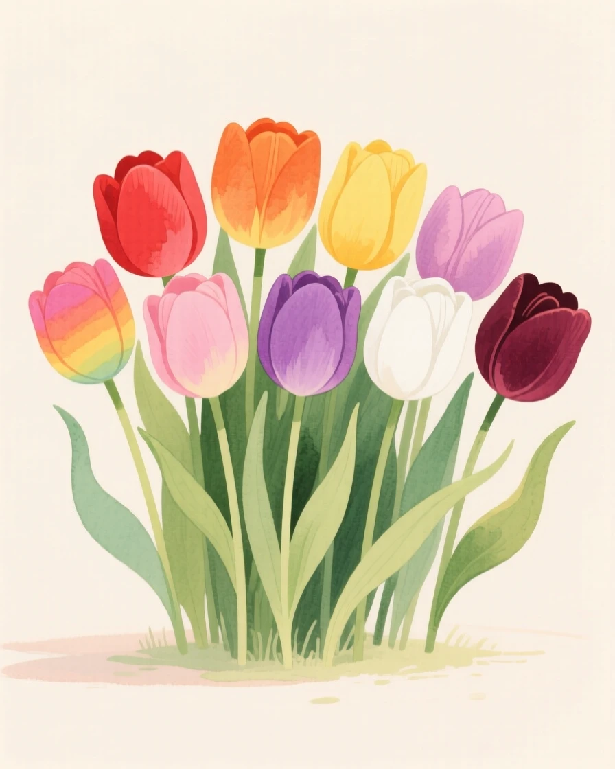 A gentle still-life scene featuring a bed of tulips in every color.