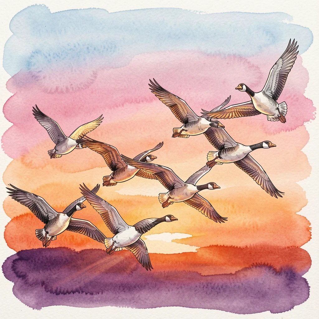 A flock of geese flying in formation across a colorful sunset sky, warm light catching the texture of fur and feather alike.