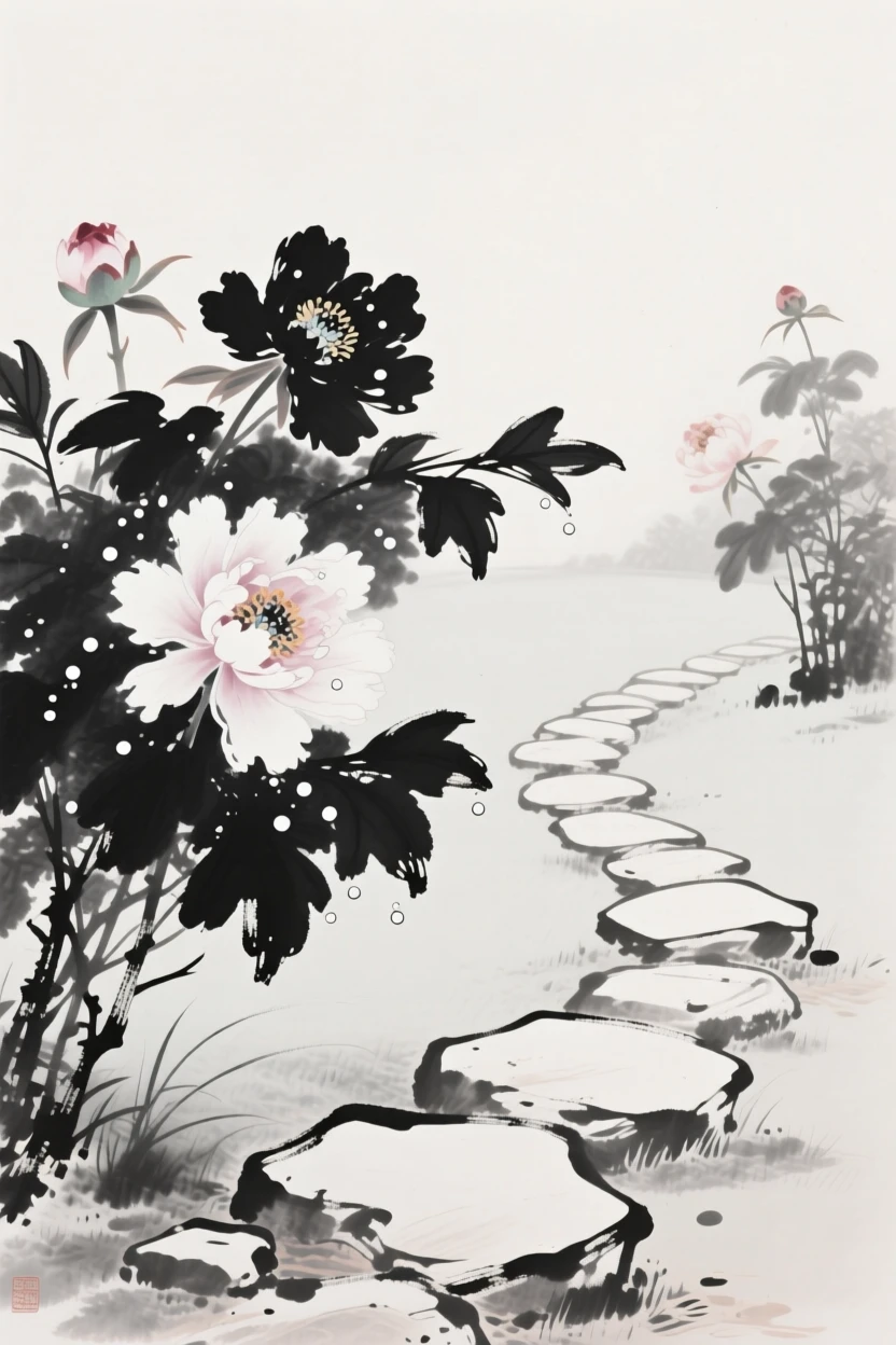 Peonies bloom beside a winding garden path lined with smooth stones, as morning light catches the dew on each petal.