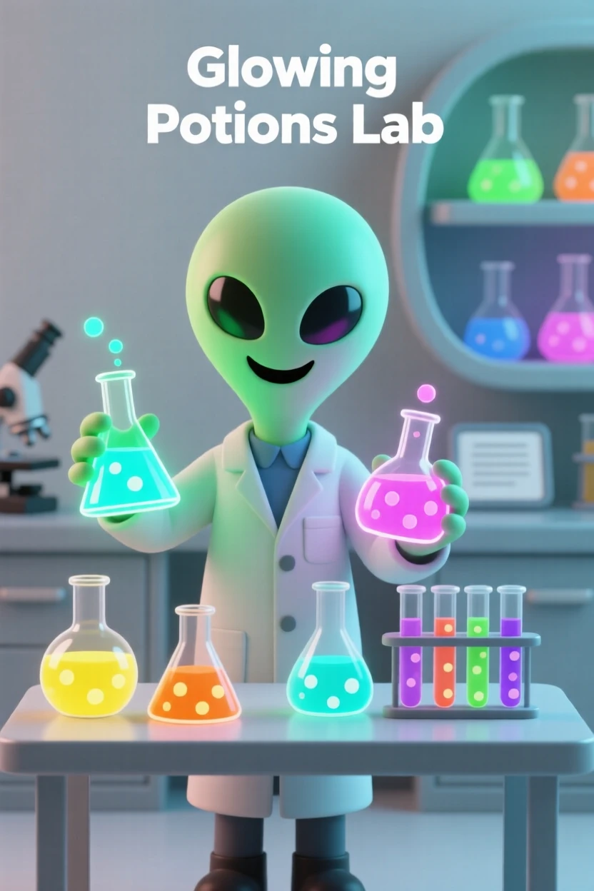 A cheerful alien scientist mixes glowing potions in a laboratory filled with bubbling colorful beakers.