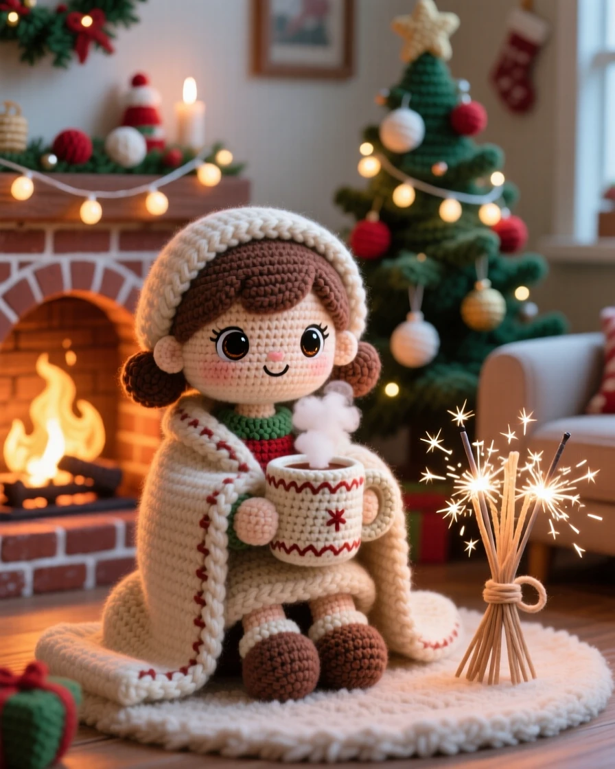 A festive scene of a little girl wrapped in a cozy holiday blanket sipping cocoa from a mug, sitting by a softly glowing fireplace within a cozy living room decorated for the holidays; a bundle of sparklers ready to light nearby, radiating playful delight in seasonal change.