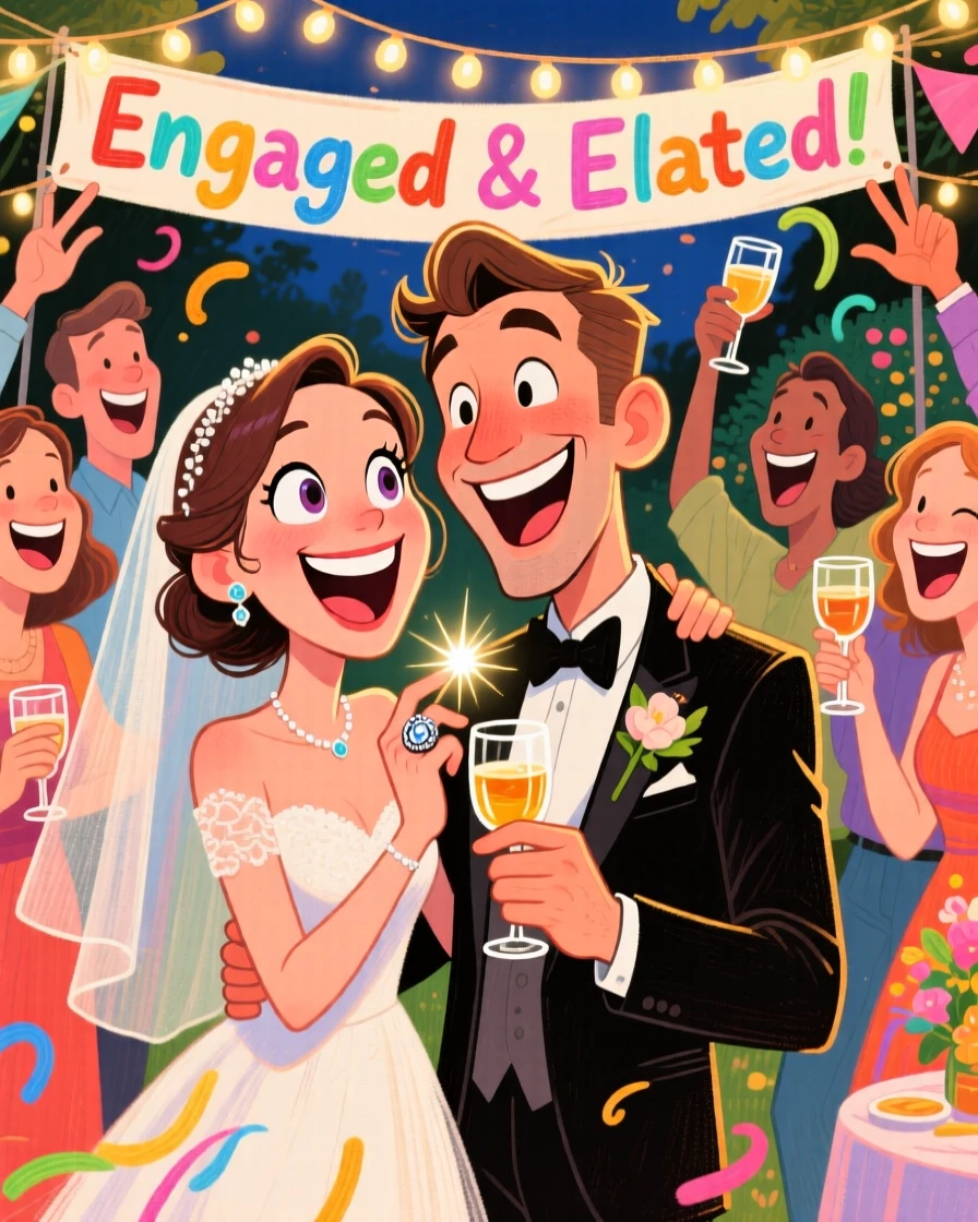 A couple celebrating their engagement with friends, ring glinting under string lights.