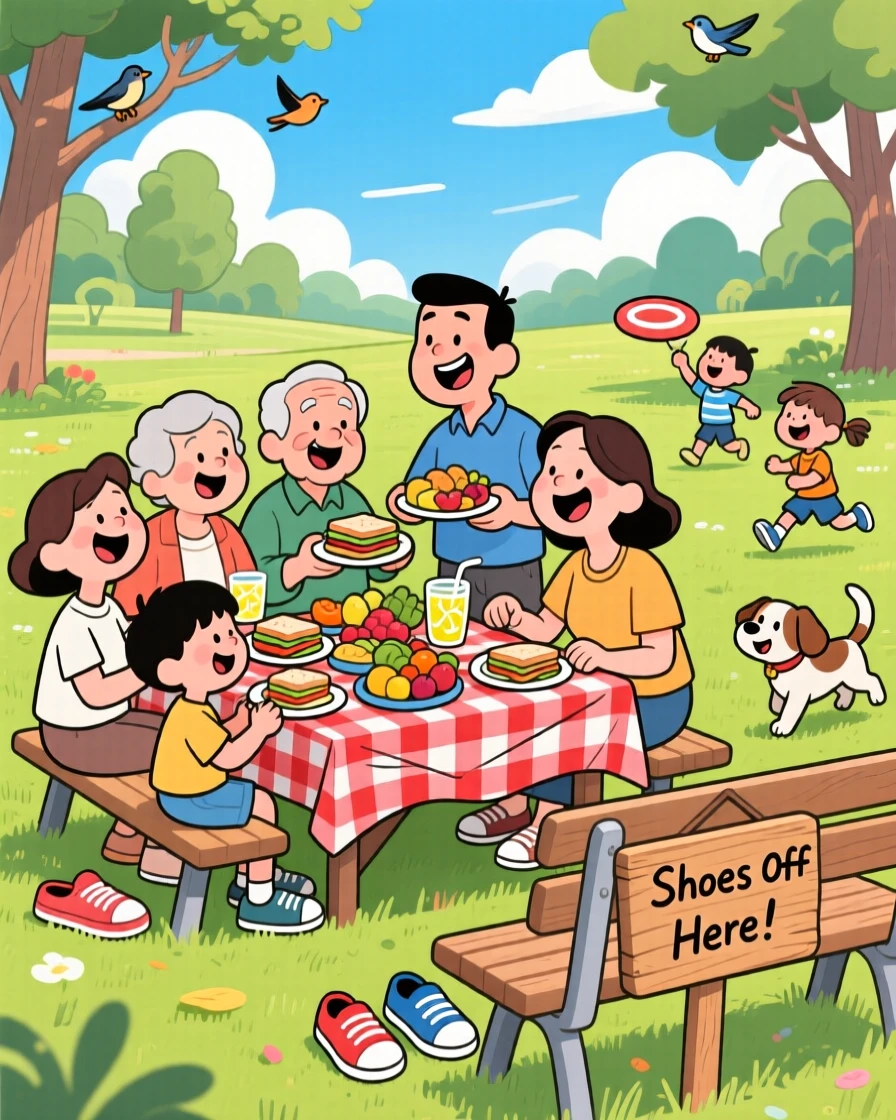 A heartwarming scene of a large extended family having a picnic in the park with a wobbly tablecloth, with everyone's shoes kicked off by the door.