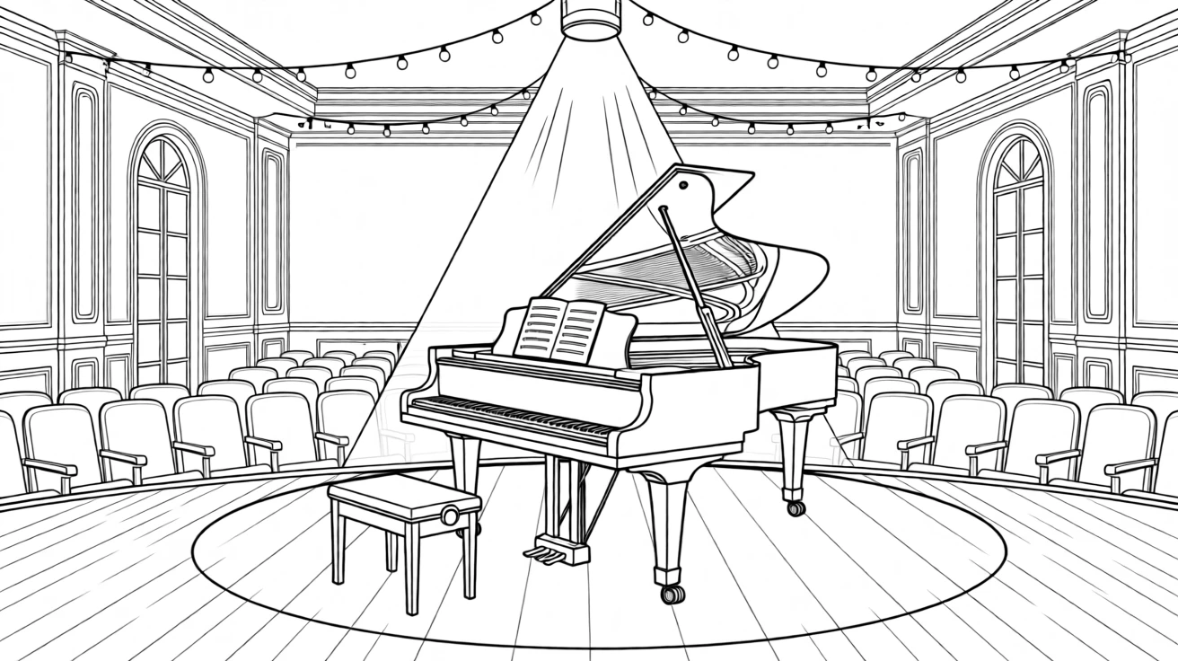 A grand piano in an empty concert hall lit by a single spotlight, with string lights strung across the ceiling.