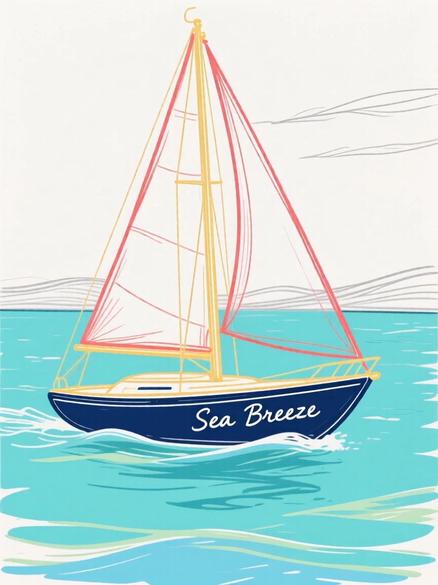 A sailboat gliding across calm turquoise waters.