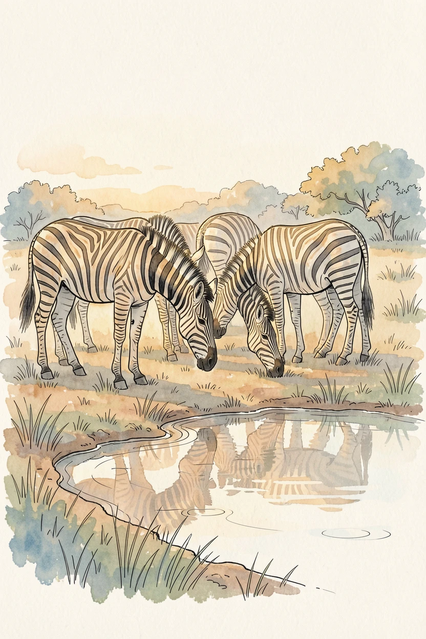 A herd of zebras grazing calmly beside a watering hole, warm light catching the texture of fur and feather alike.