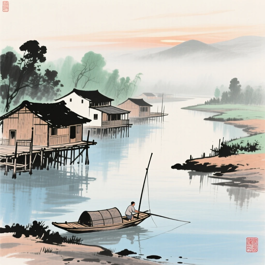 A fishing village of stilted houses along a quiet estuary, conveying a deep sense of harmony with nature, through a light drifting mist.