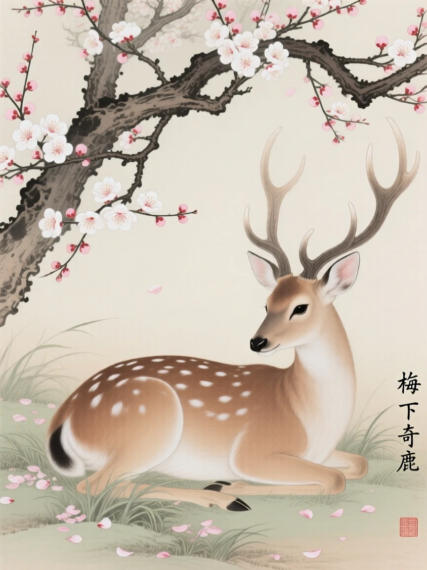 A deer with velvet antlers resting beneath a blooming plum tree