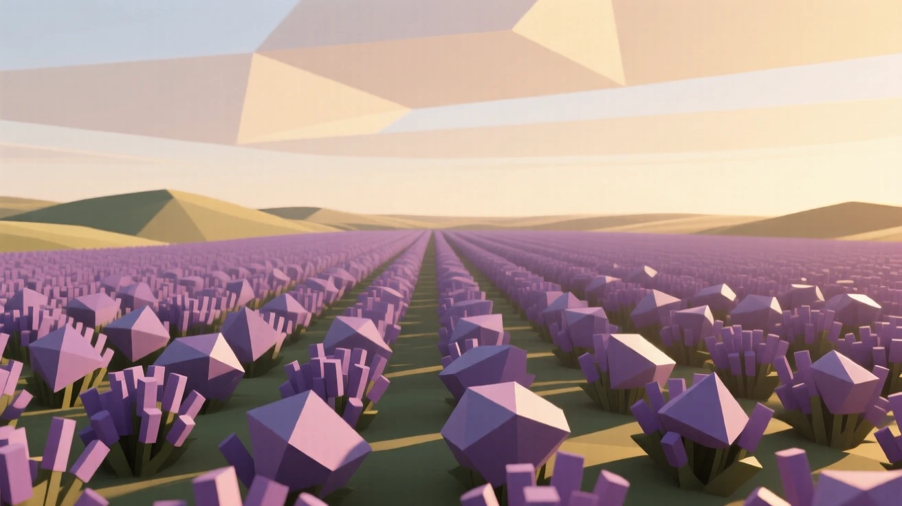 A field of lavender stretching to the horizon, during the golden hour before dusk. the horizon line anchors a balanced composition. A deep sense of peace fills the landscape.