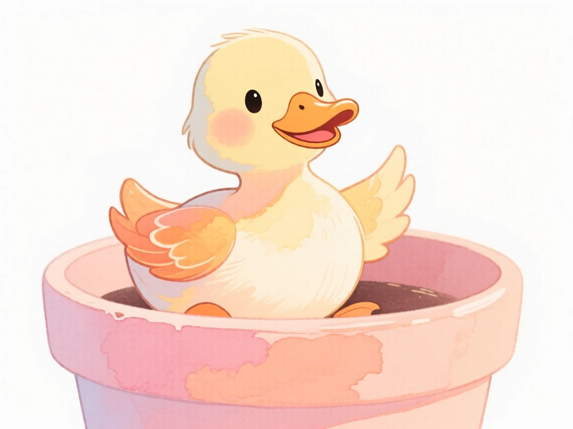 A duckling sitting proudly in a flower pot