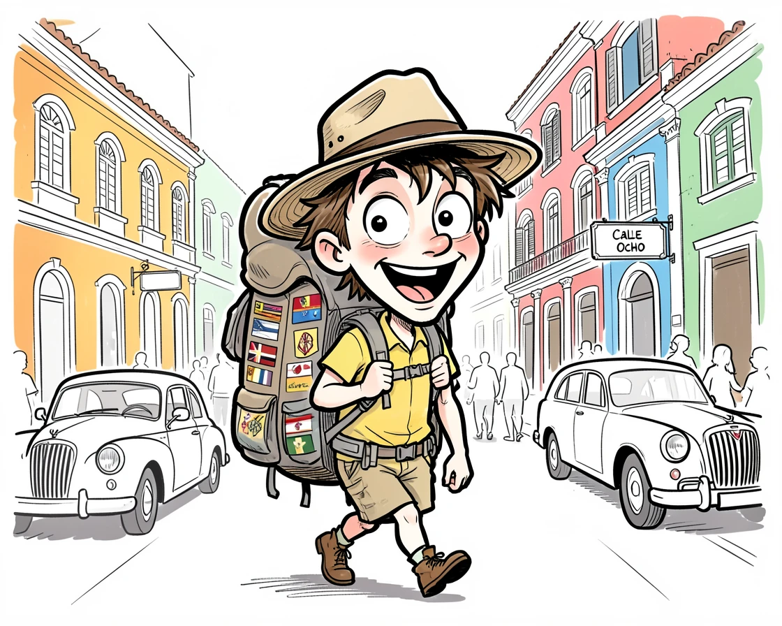 [Travel & Cultural Experiences] Vivid travel scene of a backpacker trekking through the vibrant streets of Havana, full of wonder and adventure