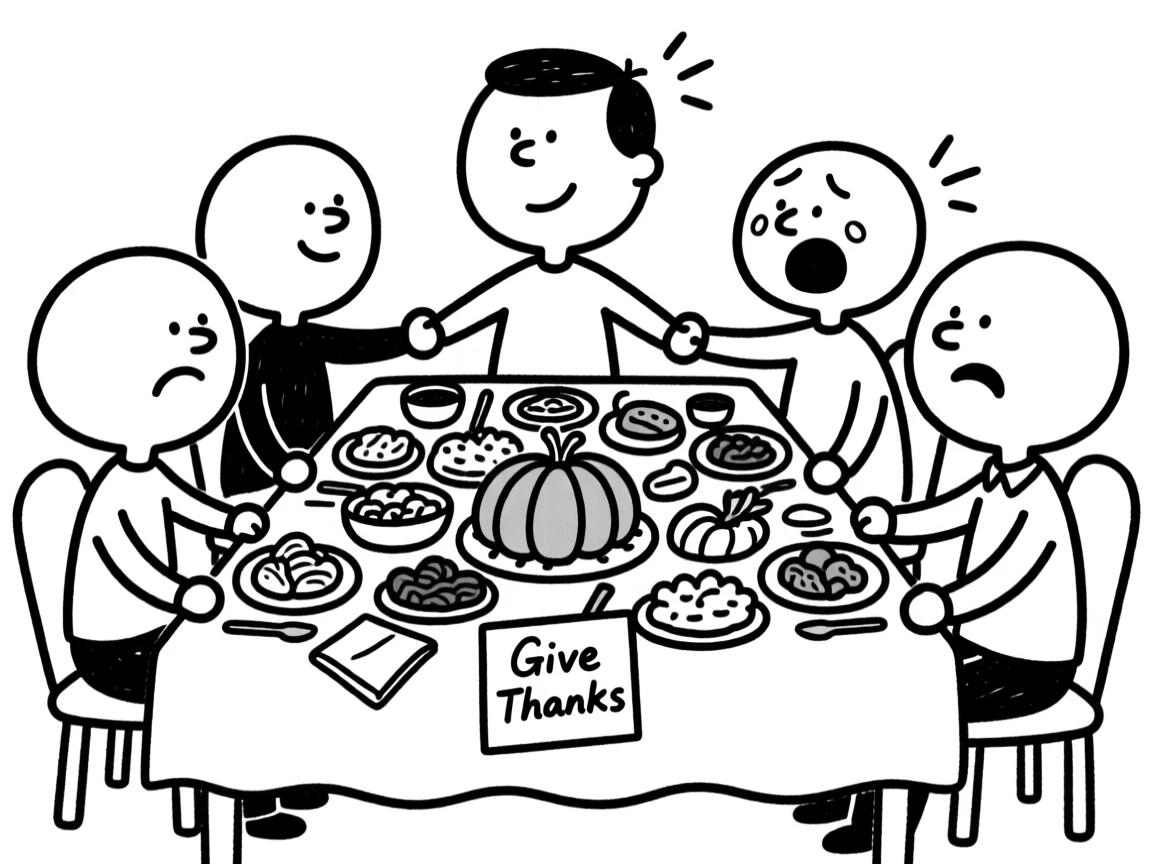 A Thanksgiving table overflowing with food as a family holds hands to give thanks.