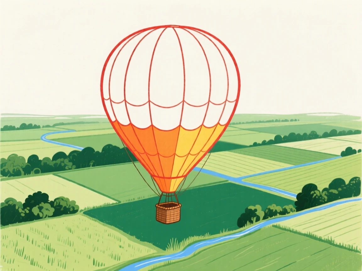 A hot air balloon floating over a patchwork of green fields.