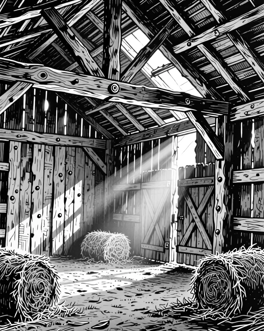 A rustic barn interior with wooden beams and sunlight streaming through gaps in the walls.
