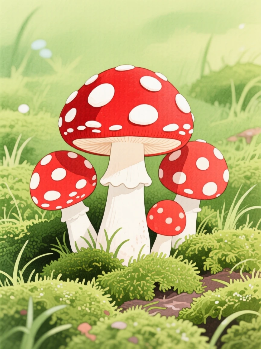 A close-up of a cluster of red toadstool mushrooms in mossy grass.
