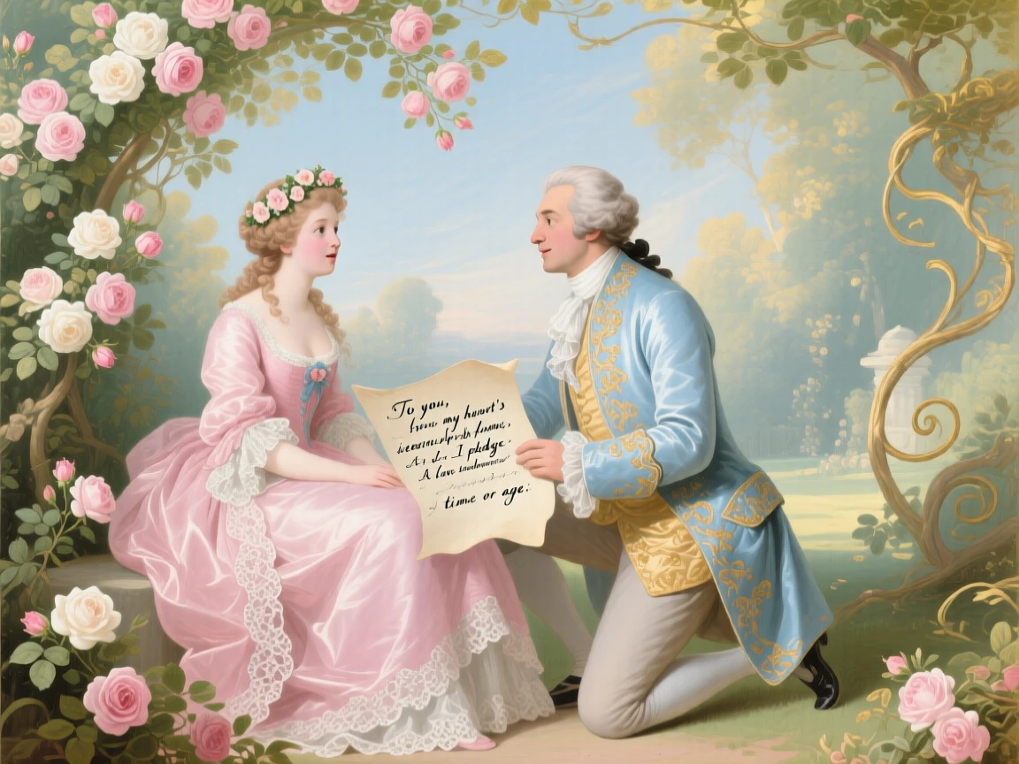 A gentleman reading a love poem to a lady beneath a rose arbor  
