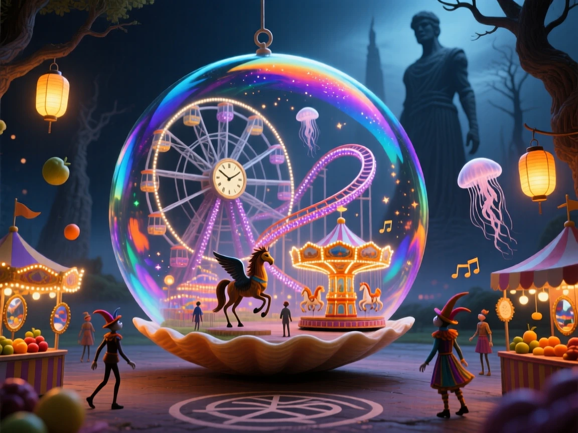 A miniature carnival glowing within a single soap bubble continues on peacefully, unaware of the giant world beyond it, while everything beyond its edges fades into soft shadow.