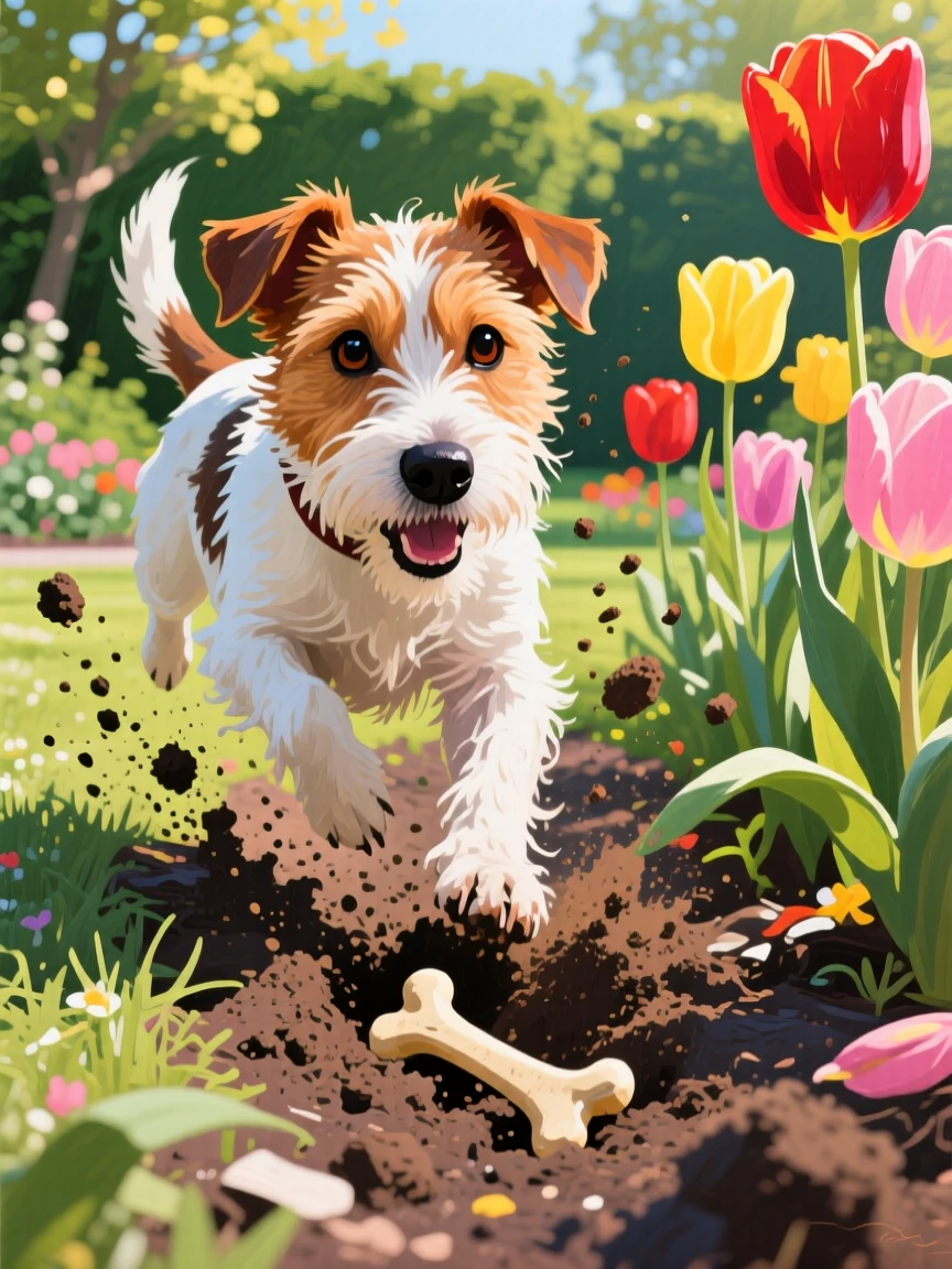 A spirited terrier digs joyfully in a garden flower bed, dirt flying as it uncovers a buried bone beneath blooming tulips, the scene suggesting a fleeting, candid moment rather than a posed encounter.
