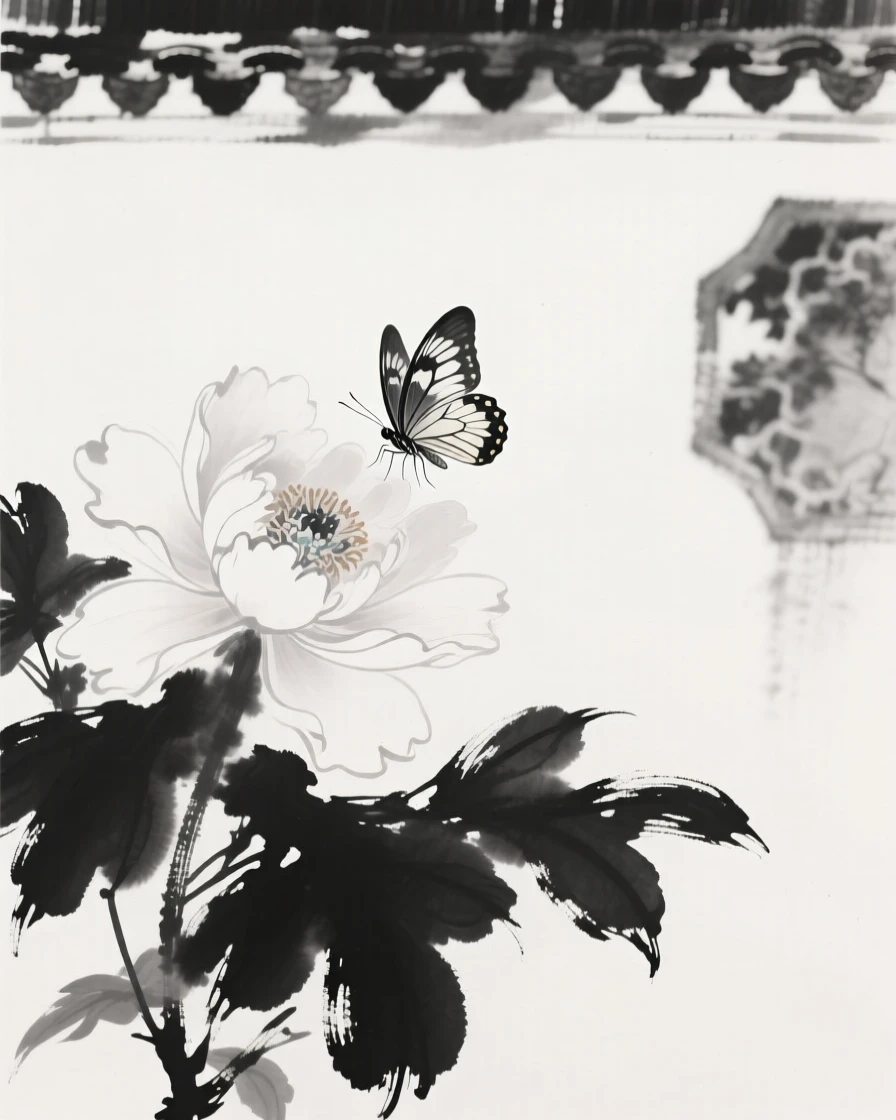 A butterfly rests on a peony blossom in full bloom, with a garden wall visible in the soft background.
