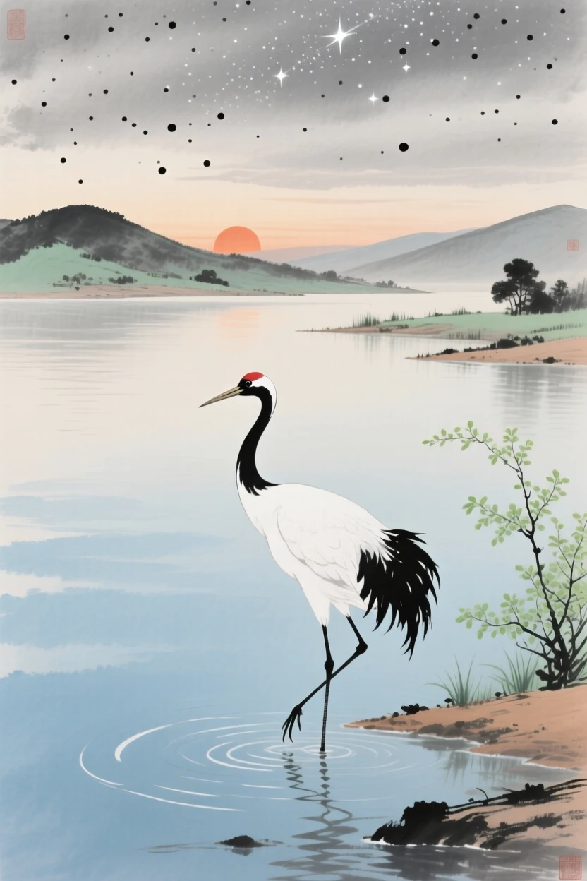 A lone crane standing in shallow water as the sun sets behind the hills, under a sky full of stars, in early spring.