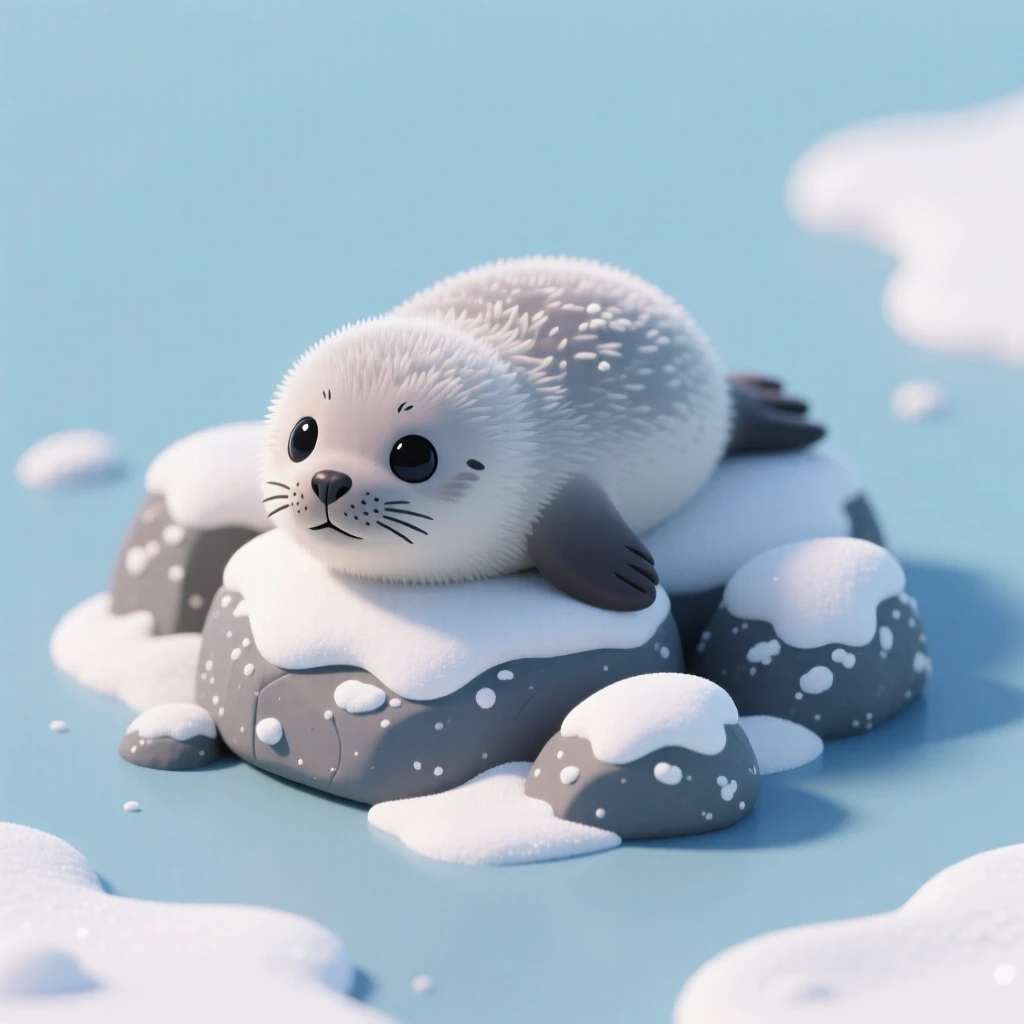 A fluffy baby seal resting on snow-dusted rocks, its large dark eyes gazing curiously at the camera.