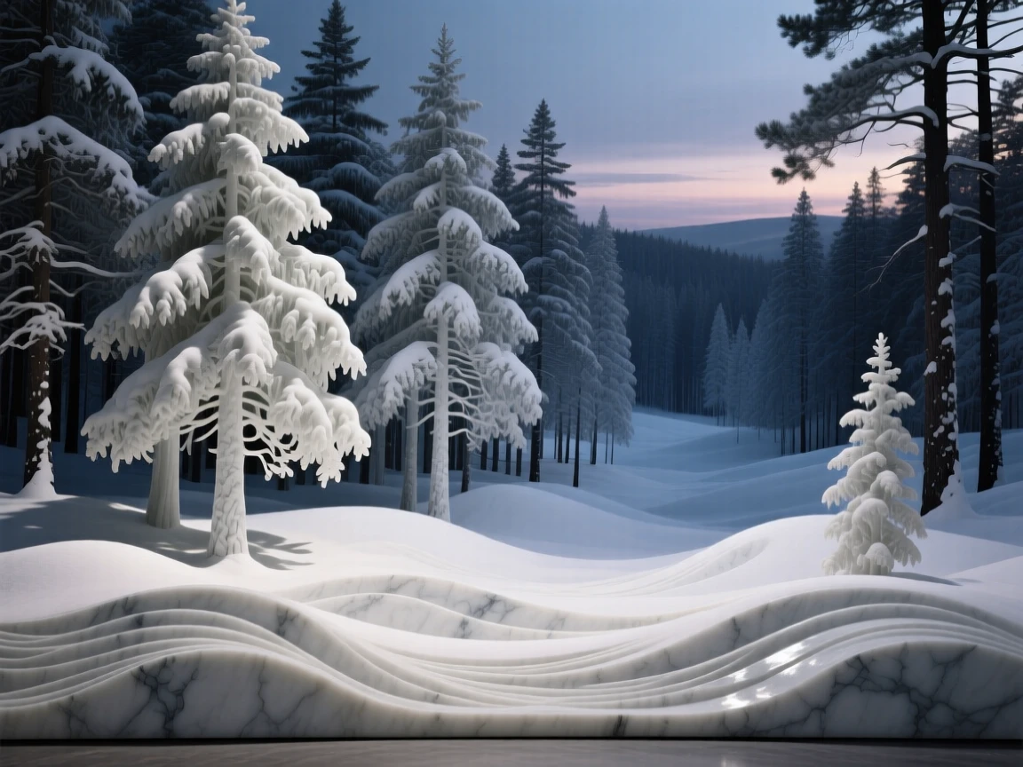 A sweeping, cinematic composition of a snow-covered pine forest at twilight, capturing the raw beauty of the natural world
