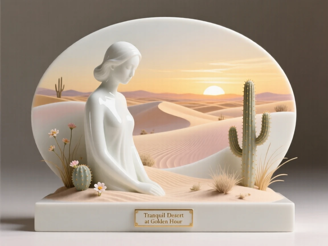 A tranquil desert landscape at golden hour, utterly peaceful and inviting.