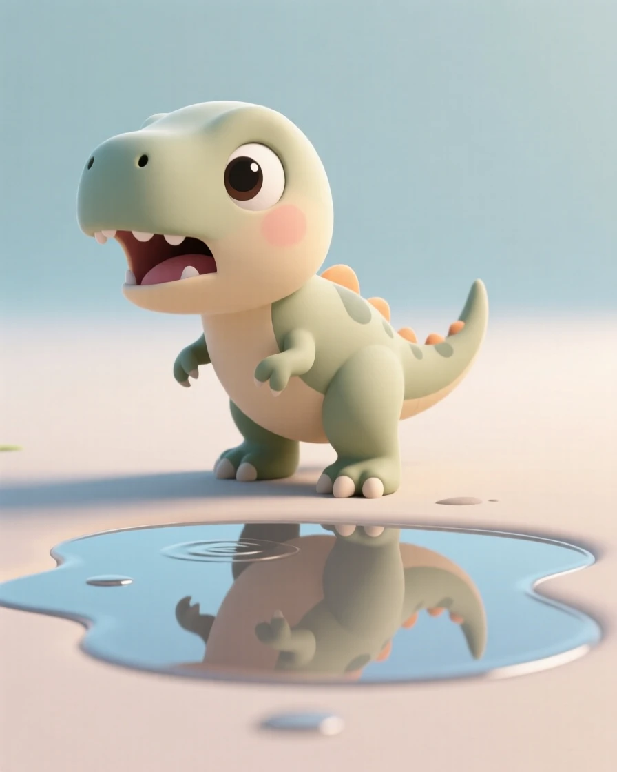 A determined baby T-rex practices roaring in front of a puddle, admiring its own tiny reflection.