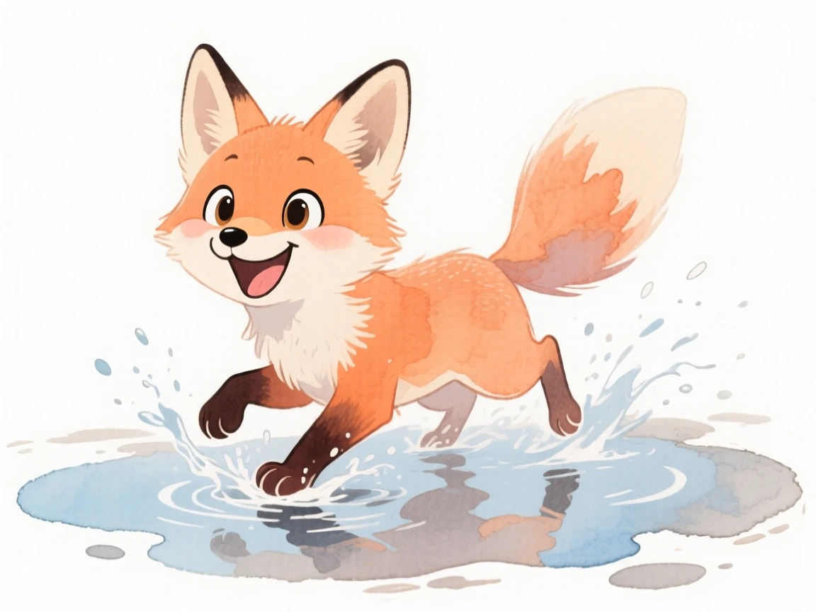 A fox kit splashing happily in a puddle