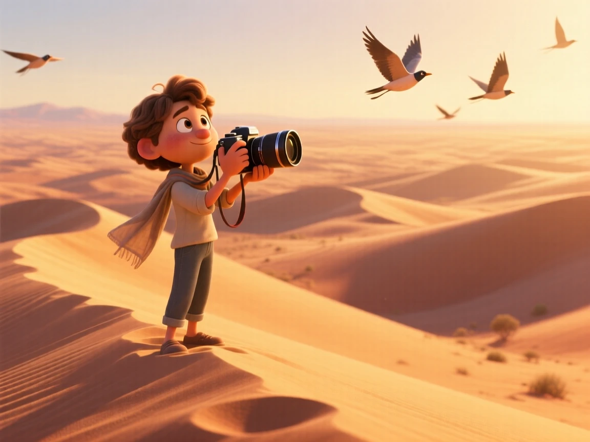A photographer studying the horizon stands along a desert dune ridge at golden hour, taking in the sweeping view below. A warm sense of gratitude and wanderlust colors the moment, with distant birds gliding on the breeze.