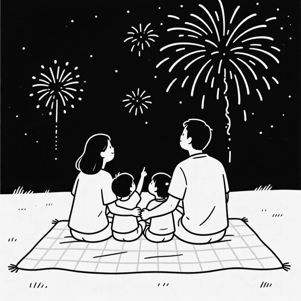 A family watching fireworks together from a blanket