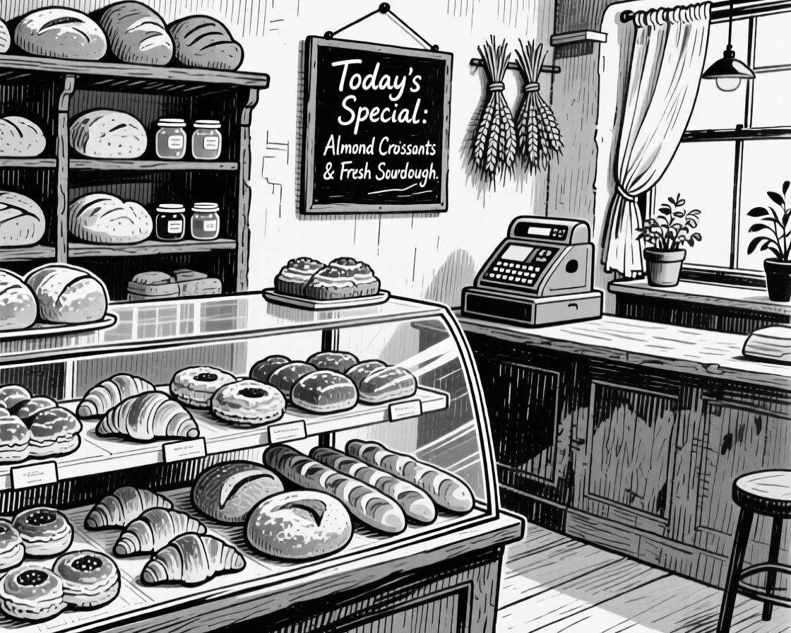 A charming bakery interior with glass cases full of pastries and fresh bread.