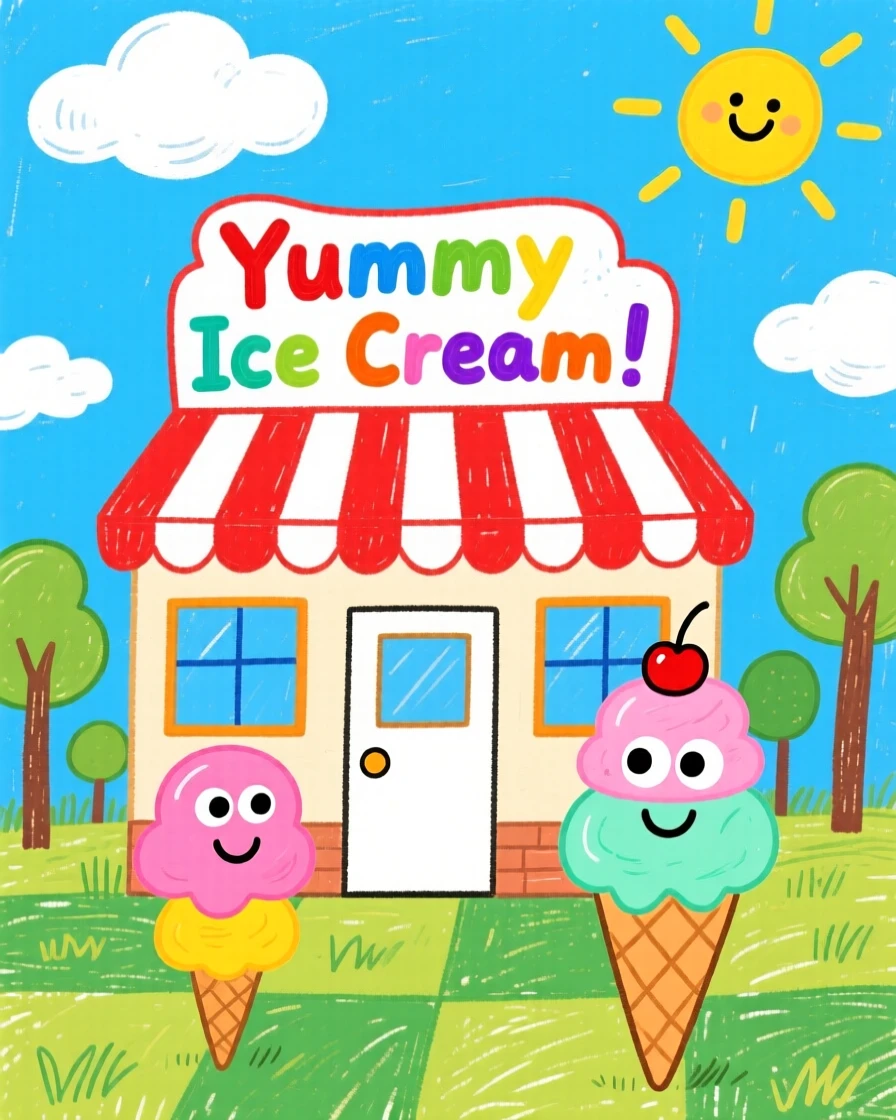 A cheerful ice cream parlor with striped awnings.