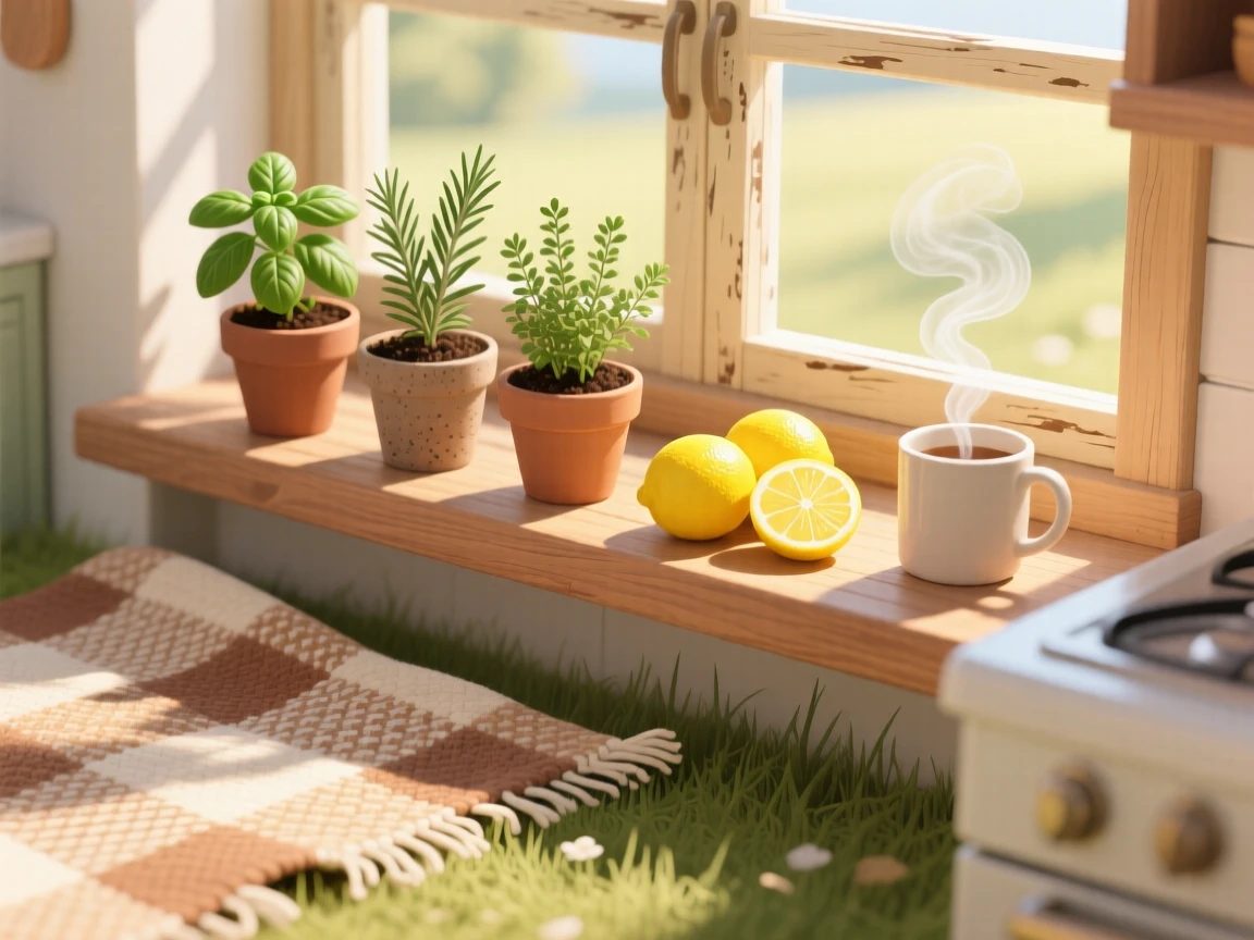 A sunny kitchen window filled with herb pots and fresh lemons, placed on a woven picnic blanket outdoors, framed closely to highlight comforting small details, with subtle steam rising to add a warm, lived-in feel.