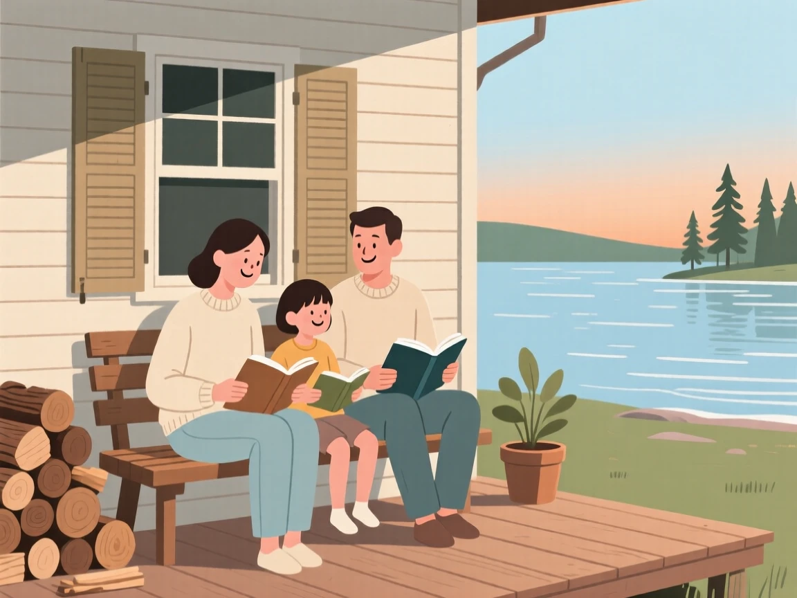 A family reading together together at a lakeside cabin.
