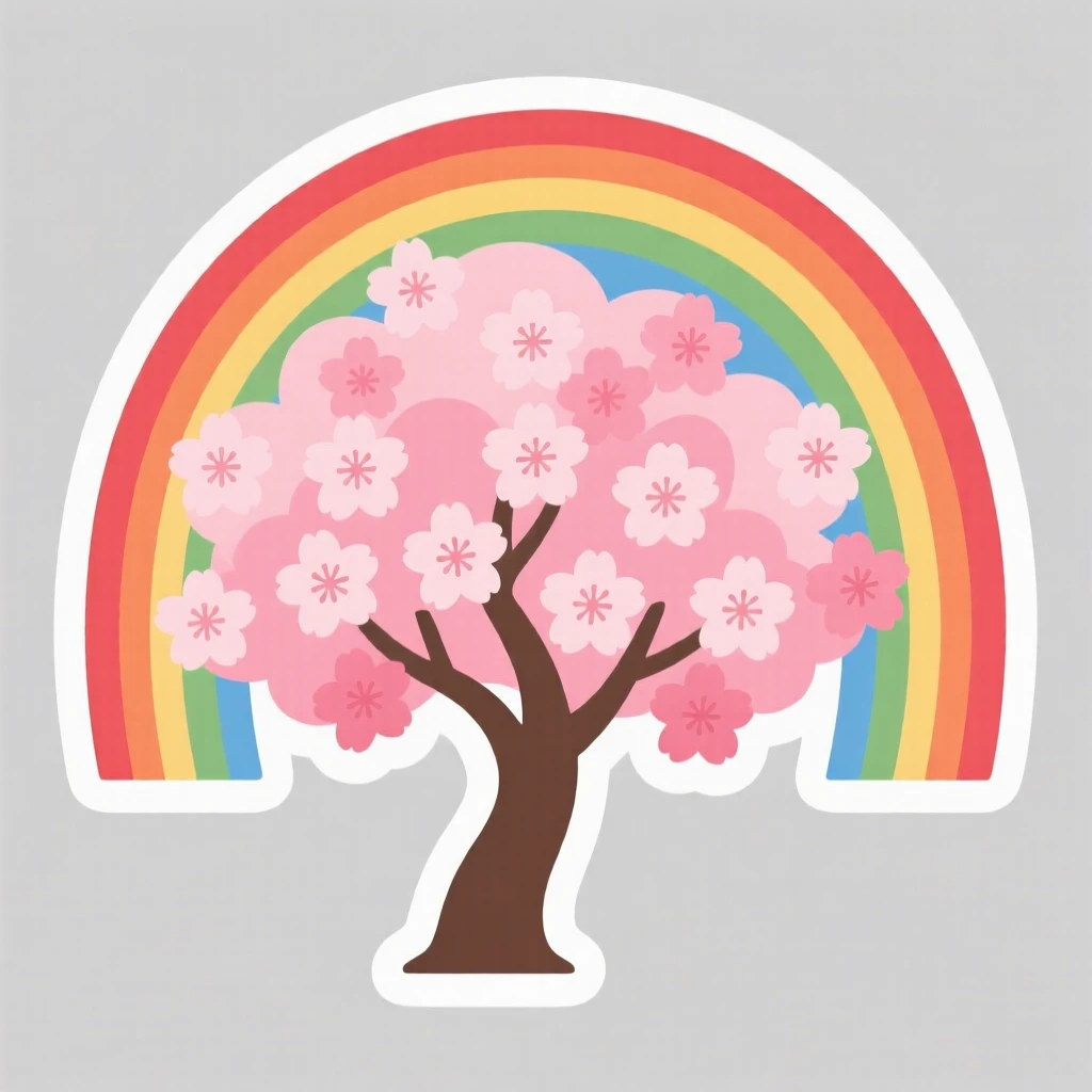 A peaceful cherry blossom tree in full bloom, framed by a gentle rainbow, during the quiet hours of early morning.