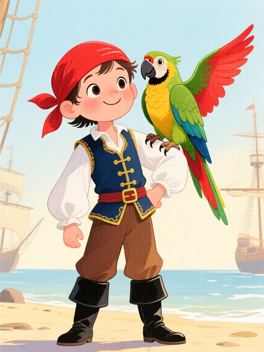 A parrot perched on the shoulder of a young pirate captain, full of mystery and excitement.
