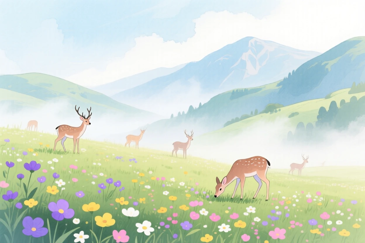 A mountain meadow dotted with wildflowers and grazing deer, with gentle mist rolling low across the ground, radiating natural splendor and tranquility.