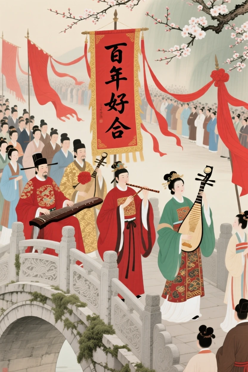 A wedding procession with musicians and red silk banners, seen from a bridge overlooking the crowd