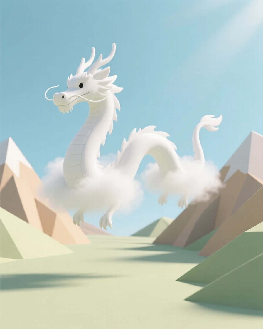 A gentle cloud dragon made of soft white mist drifts lazily above a sunny mountain valley.